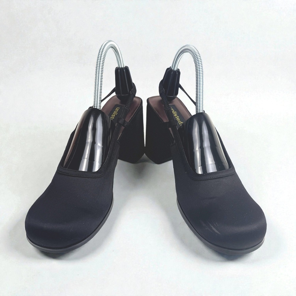 Y2K Unlisted Black Satin‎ Chunky Block Heel Slingback Close Toed Shoes Size 9M